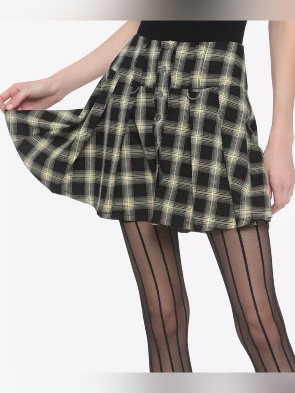 Hot Topic Plaid Mini Skirt Womens Small Yellow Black Grunge Pleated Metal School